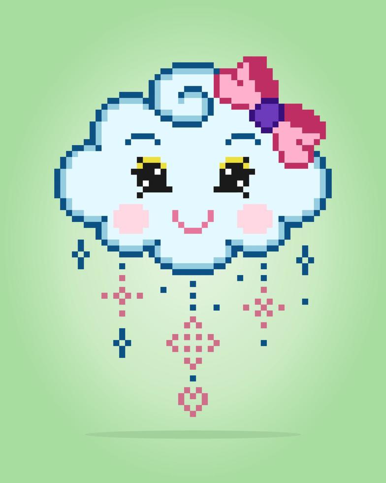 8-Bit-Pixel niedliche Cartoon-Gesichtswolke mit bunten Regentropfen. natürliche wolke für spielassets in vektorillustration. vektor