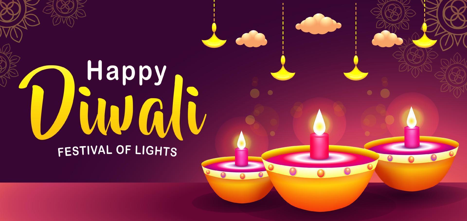 fröhliches diwali-fest der lichter, kerzenhalter und wolken mit schönem licht. für Veranstaltungen geeignet vektor