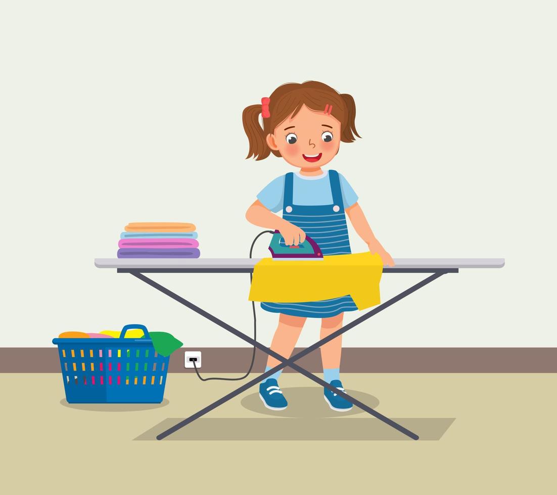 söt liten flicka strykning kläder håller på med dagligen sysslor hushållsarbete aktivitet vektor