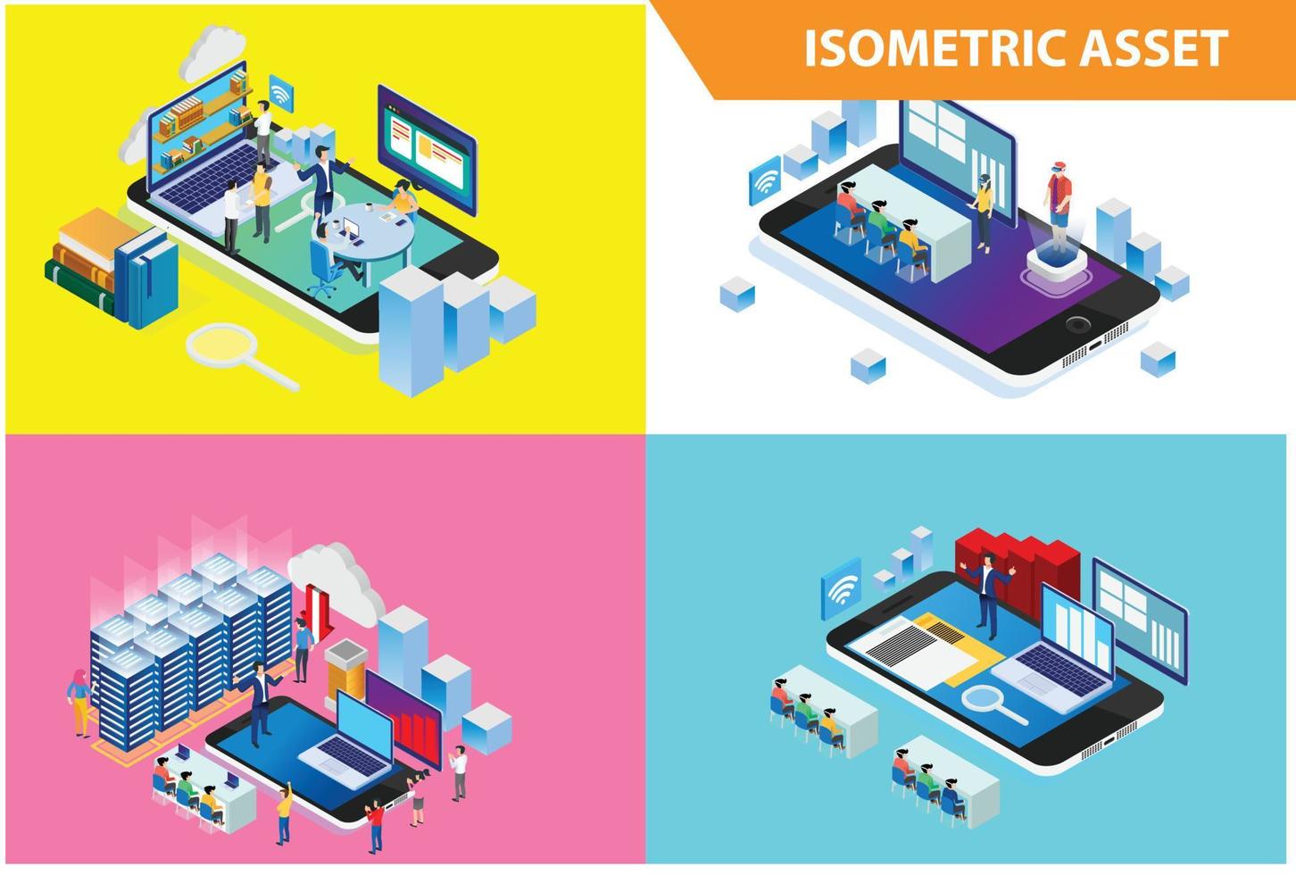 moderne isometrische 3d-satzsammlung intelligente präsentationstechnologieillustration auf weißem isoliertem hintergrund mit menschen und digitalem vermögenswert vektor