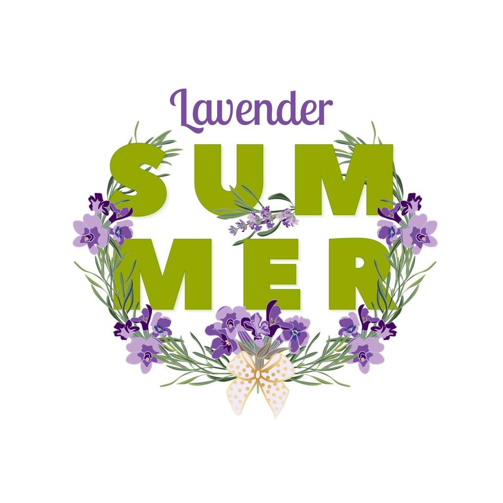 sommerblumenhintergrund mit schönen lavendelblumen auf weißem hintergrund. mehrfarbige Typografie-Grußkarte vektor