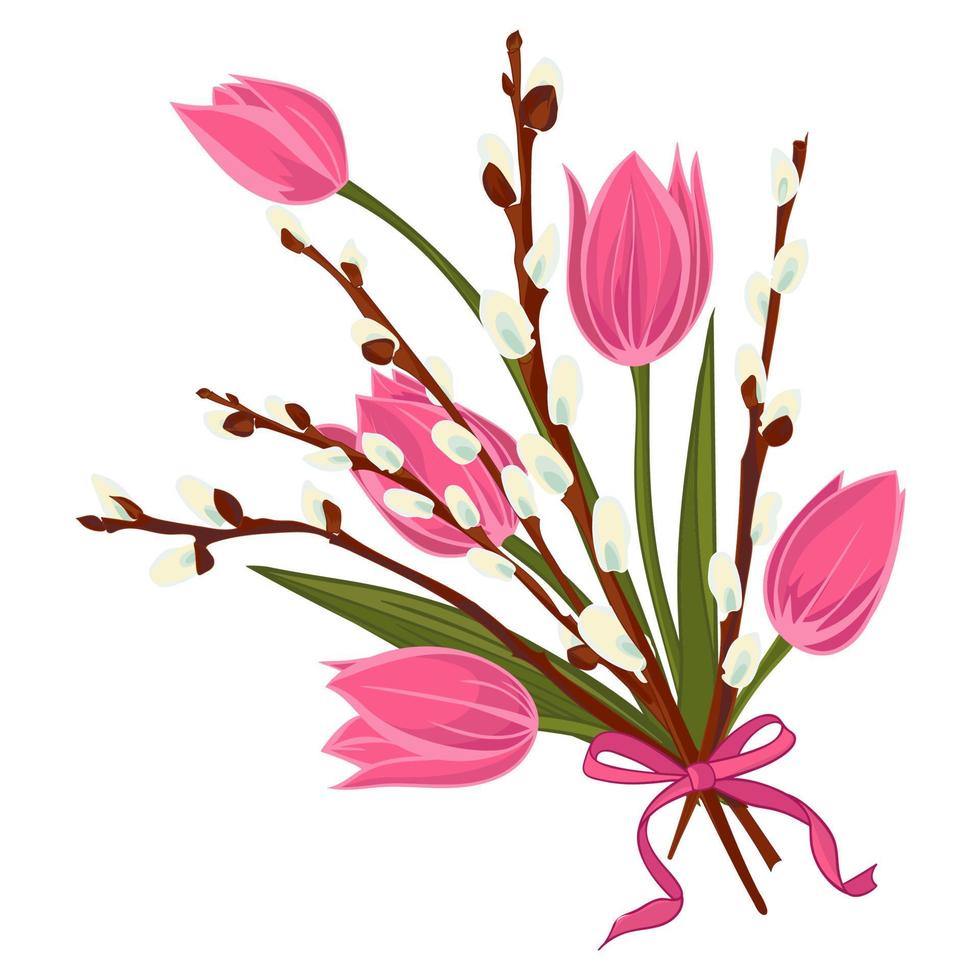 frühlingsblumenhintergrund mit schönem blumenstrauß aus tulpen und weidenkätzchenblume vektor