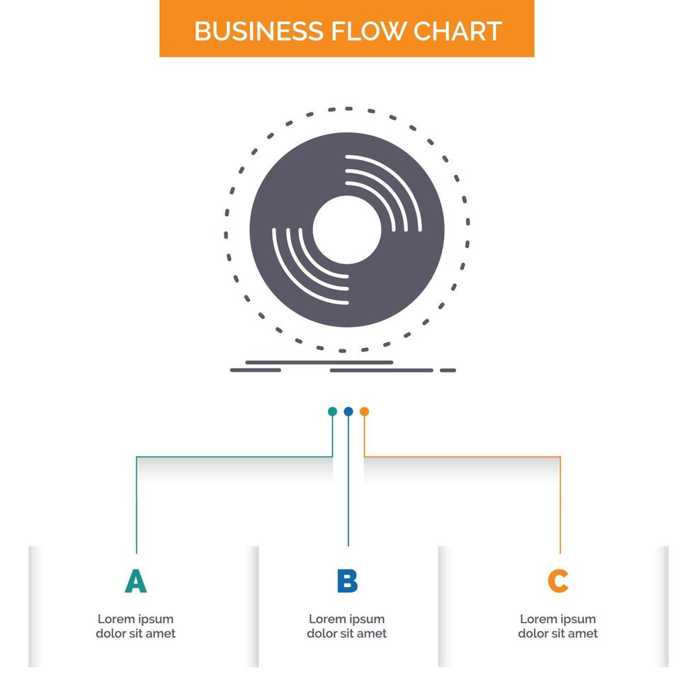 skiva. dj. fonograf. spela in. vinyl företag strömma Diagram design med 3 steg. glyf ikon för presentation bakgrund mall plats för text. vektor