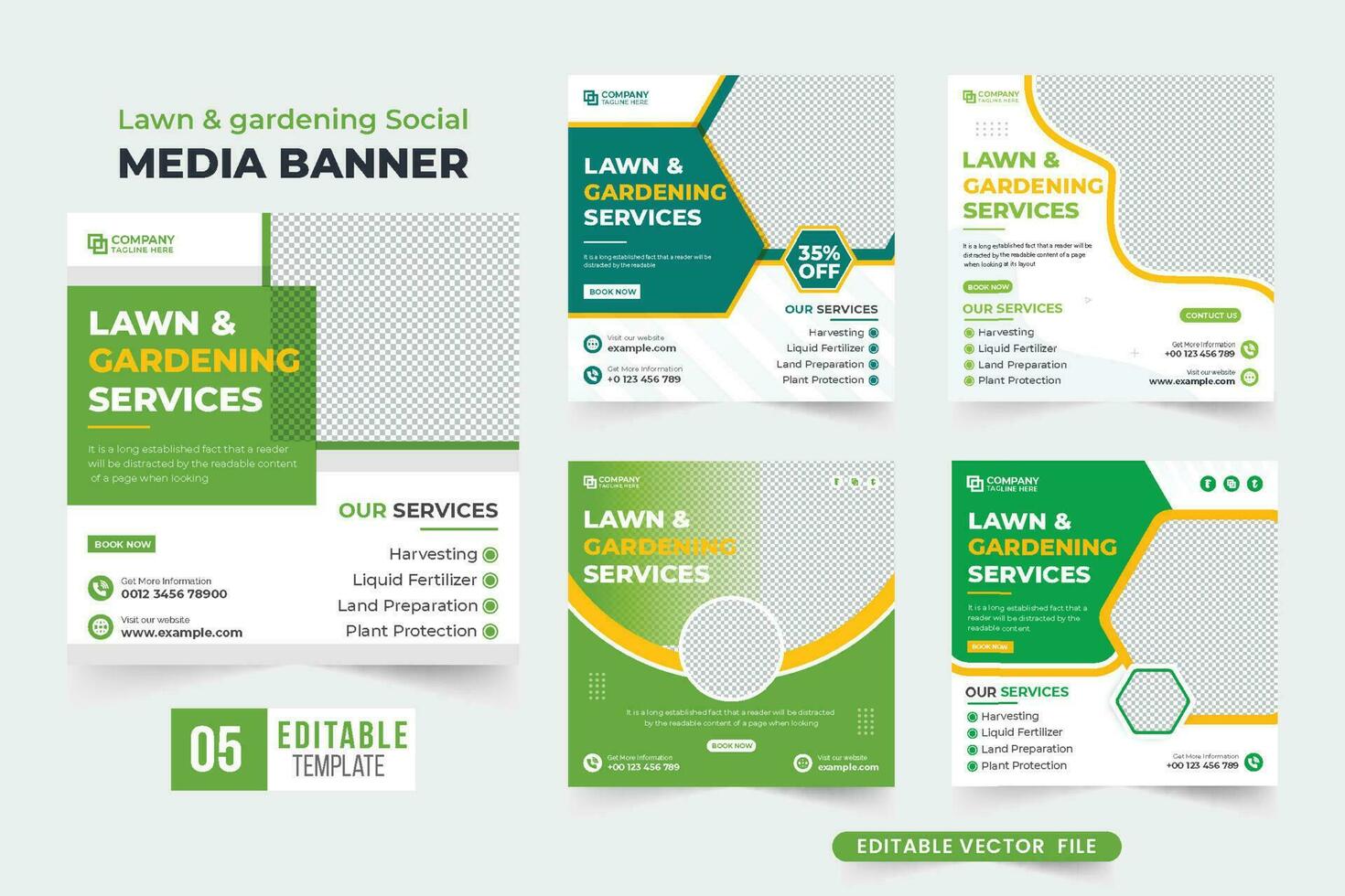 Gartendienst-Social-Media-Post-Sammlung mit abstrakten Formen. Web-Banner-Vorlagensatz für Rasenmähservice mit grünen und gelben Farben. Agro Farming Service Werbevorlage Bundle Vektor. vektor