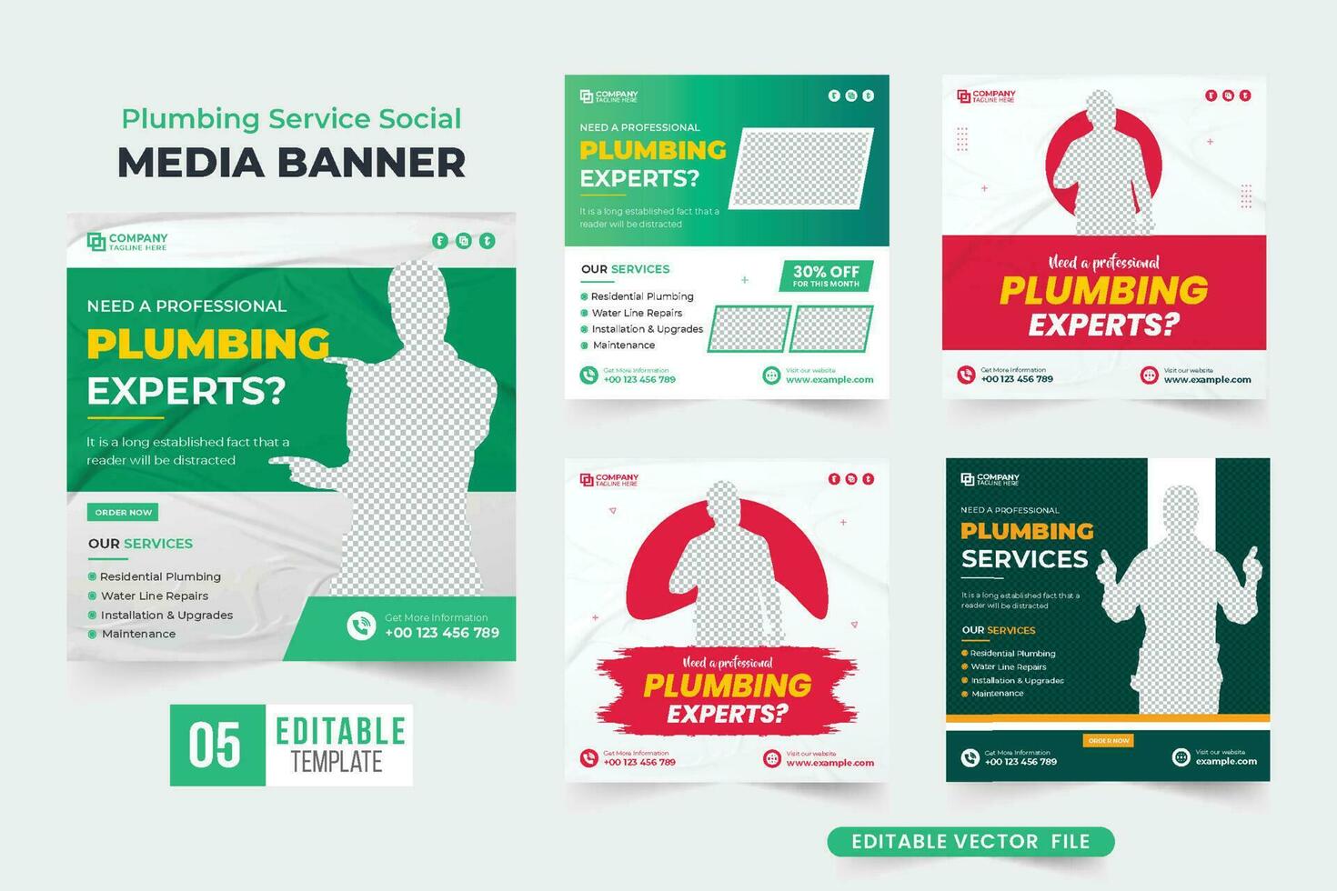 Werbe-Web-Banner-Bundle für moderne Heimwerker mit roten und grünen Farben. sanitärservice-anzeigenvorlagensatz für social-media-marketing. professionelles Klempner-Einstellungsvorlagenpaket. vektor