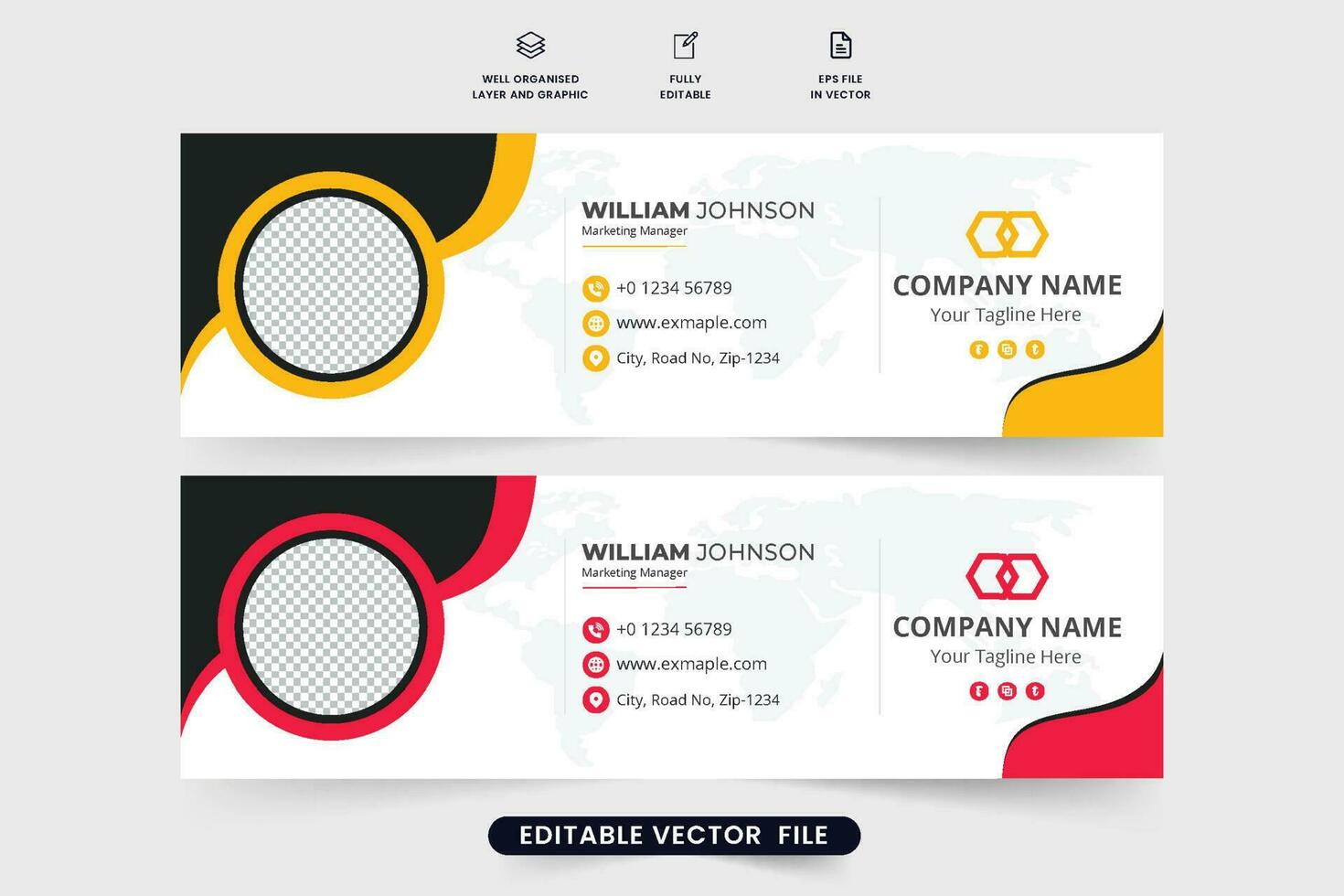 modern e-post signatur dekoration för enskild webb sidfot. företags- e-post signatur vektor med röd och gul färger. e-post signatur mall design med kreativ abstrakt former.