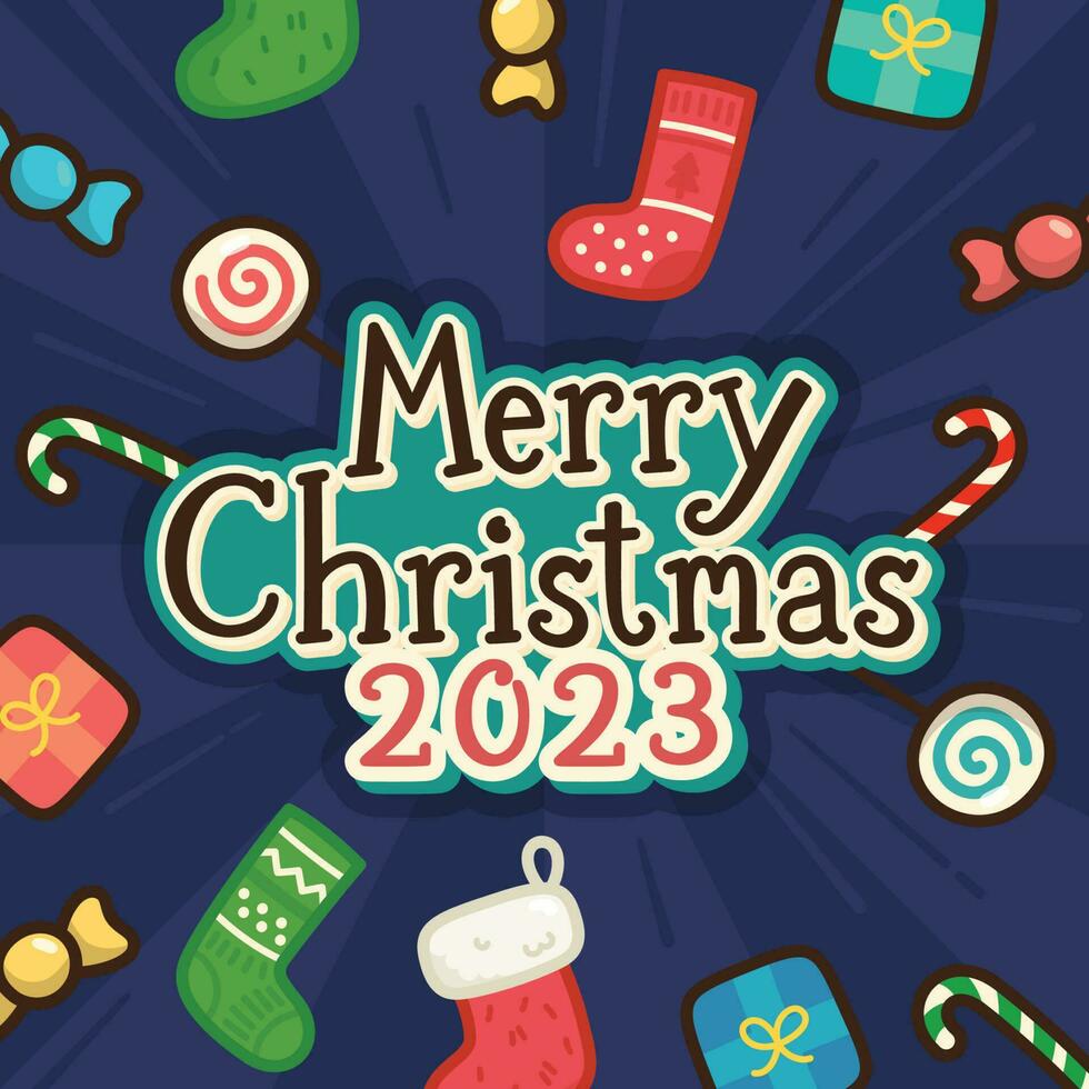 frohe weihnachten 2023 verstreute süßigkeitskarte kawaii gekritzel flache karikaturvektorillustration vektor