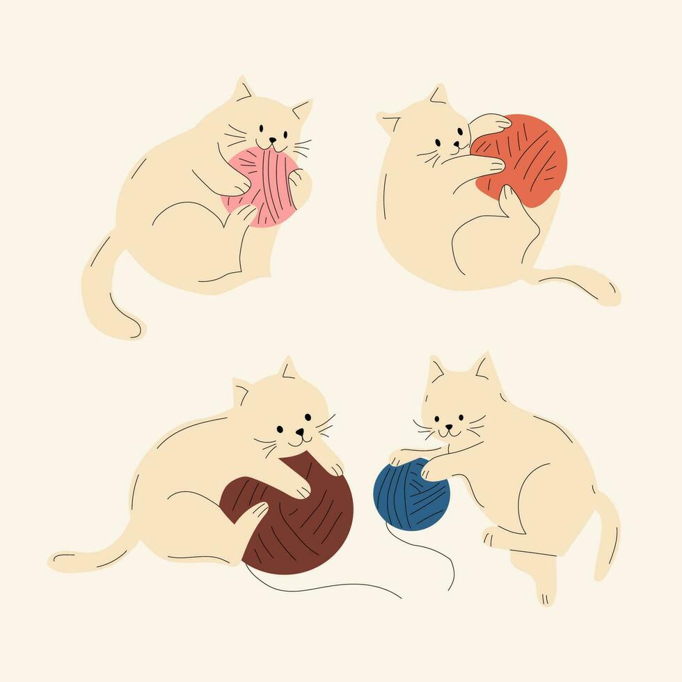 uppsättning av söt katter med stickning och bollar av garn. vektor