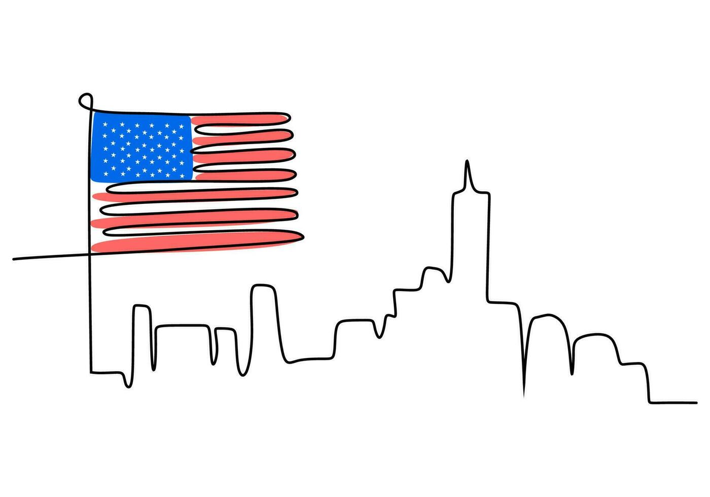 eine durchgehende einzelne linie des patriotentages mit stadtbild der amerikanischen flagge vektor