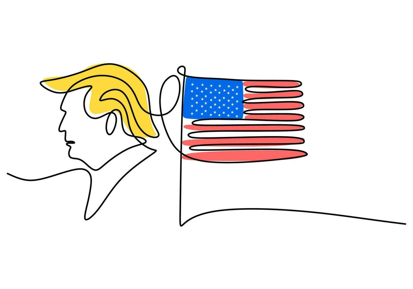 ett kontinuerlig enda linje av patriot dag med trumf och amerikan flagga vektor