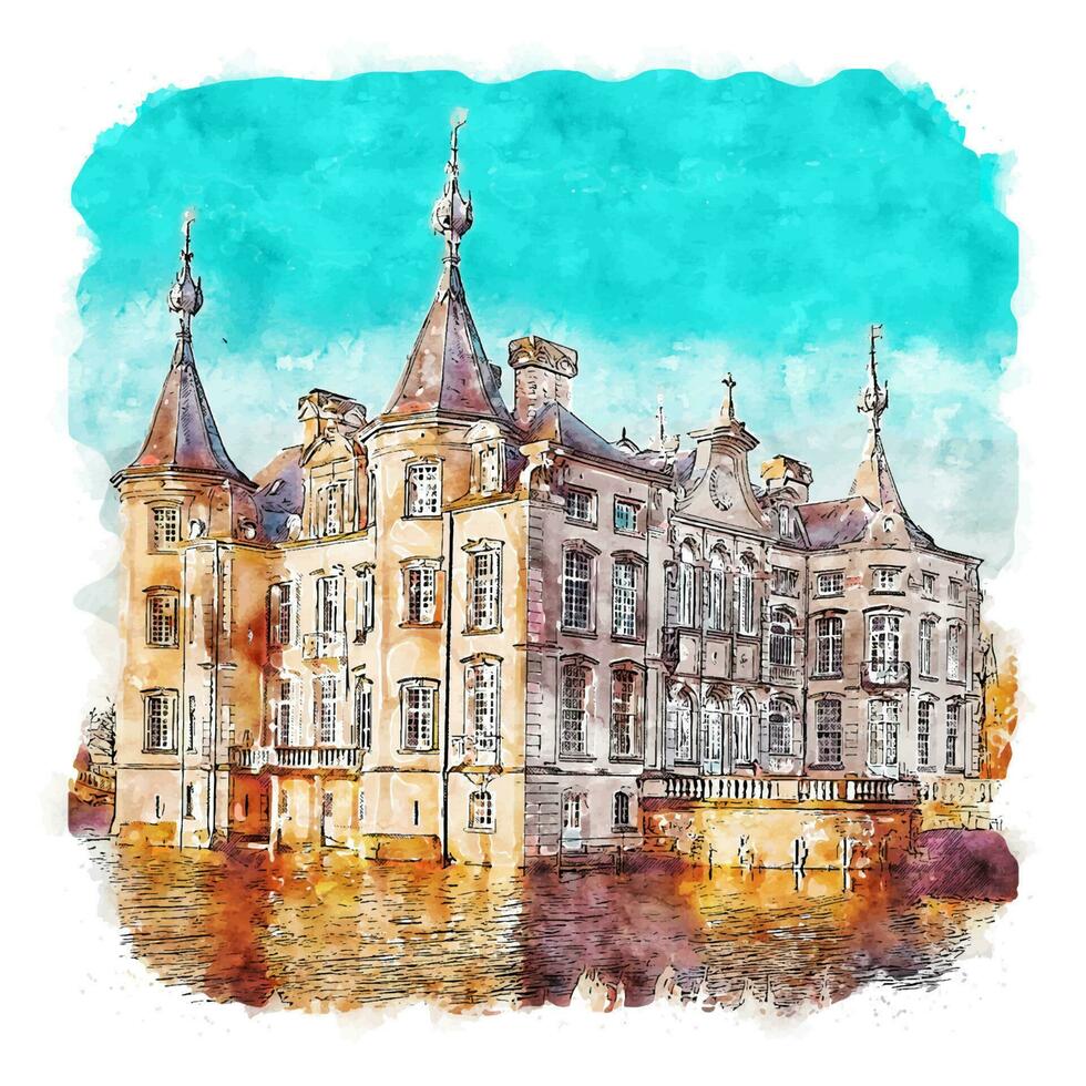 arkitektur slott belgien vattenfärg skiss hand dragen illustration vektor