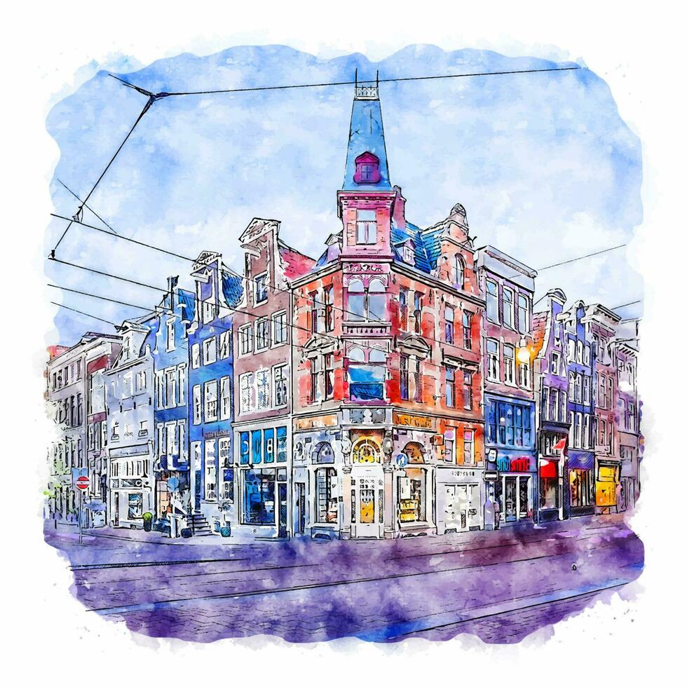 amsterdam nederländerna akvarell skiss handritad illustration vektor