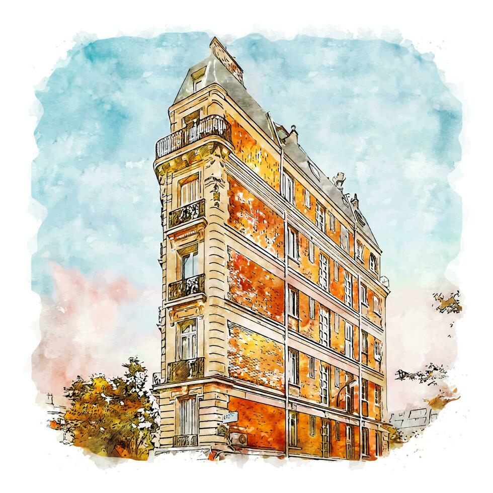 arkitektur paris frankrike akvarell skiss handritad illustration vektor