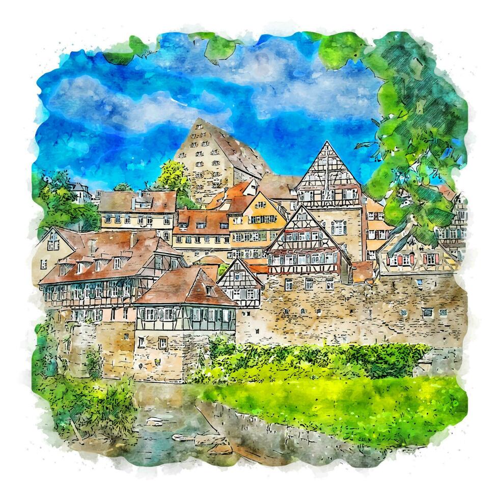 schwabisch hall Tyskland vattenfärg skiss hand dragen illustration vektor