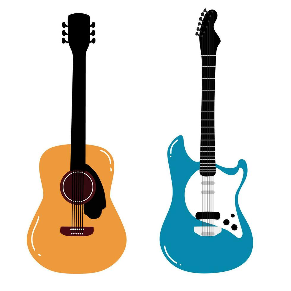 E- und Akustikgitarren-Set. flache vektorillustration. isoliert auf weißem Hintergrund vektor