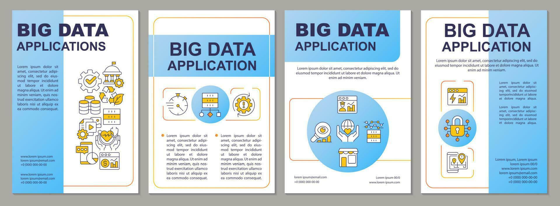 anwendungen der blauen broschürenvorlage für große daten. Benutzer digitaler Dienst. Broschürendesign mit linearen Symbolen. 4 Vektorlayouts für Präsentationen, Jahresberichte. vektor