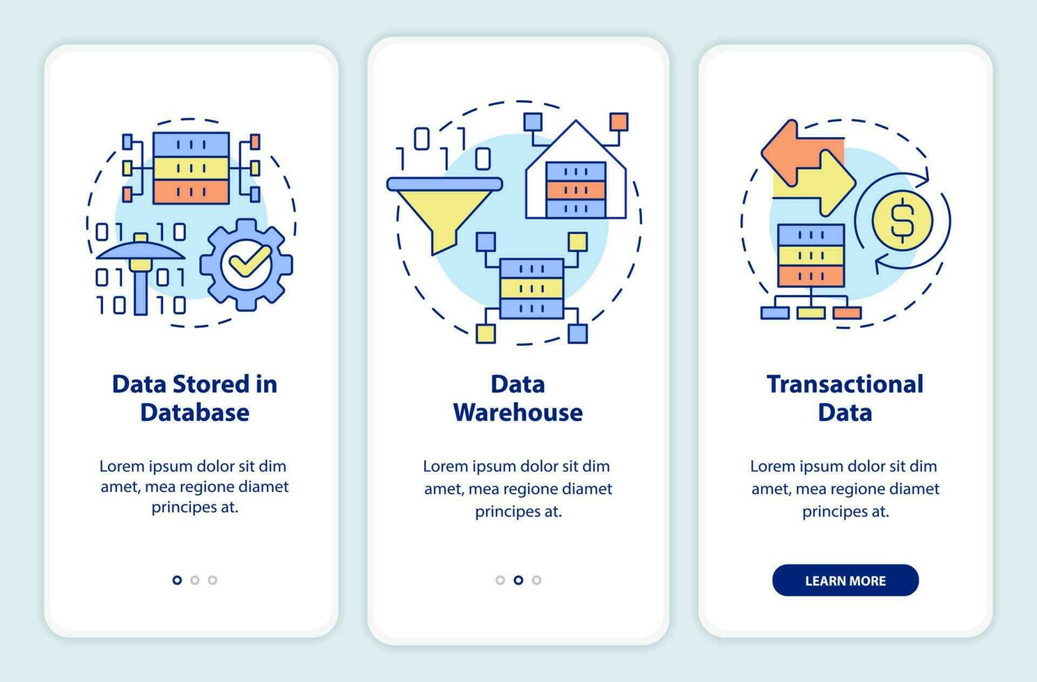 Arten von Daten, die auf dem Bildschirm der mobilen App abgebaut werden können. iot Walkthrough 3 Schritte grafische Anleitungsseiten mit linearen Konzepten. ui, ux, gui-Vorlage. vektor