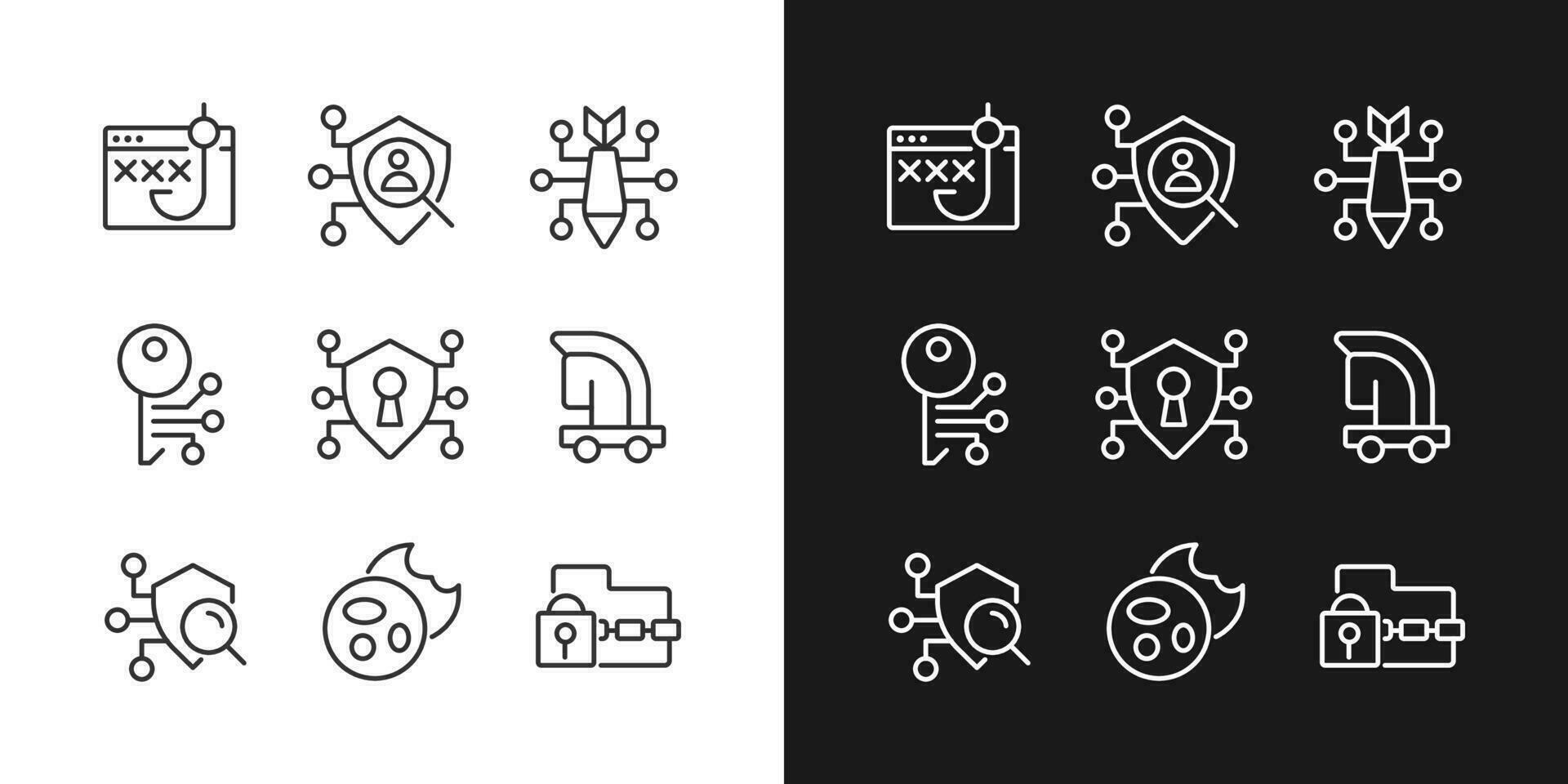 skadliga program och skydd pixel perfekt linjär ikoner uppsättning för mörk, ljus läge. nätfiske och cyber ge sig på. tillgång kontrollera. tunn linje symboler för natt, dag tema. isolerat illustrationer. redigerbar stroke vektor