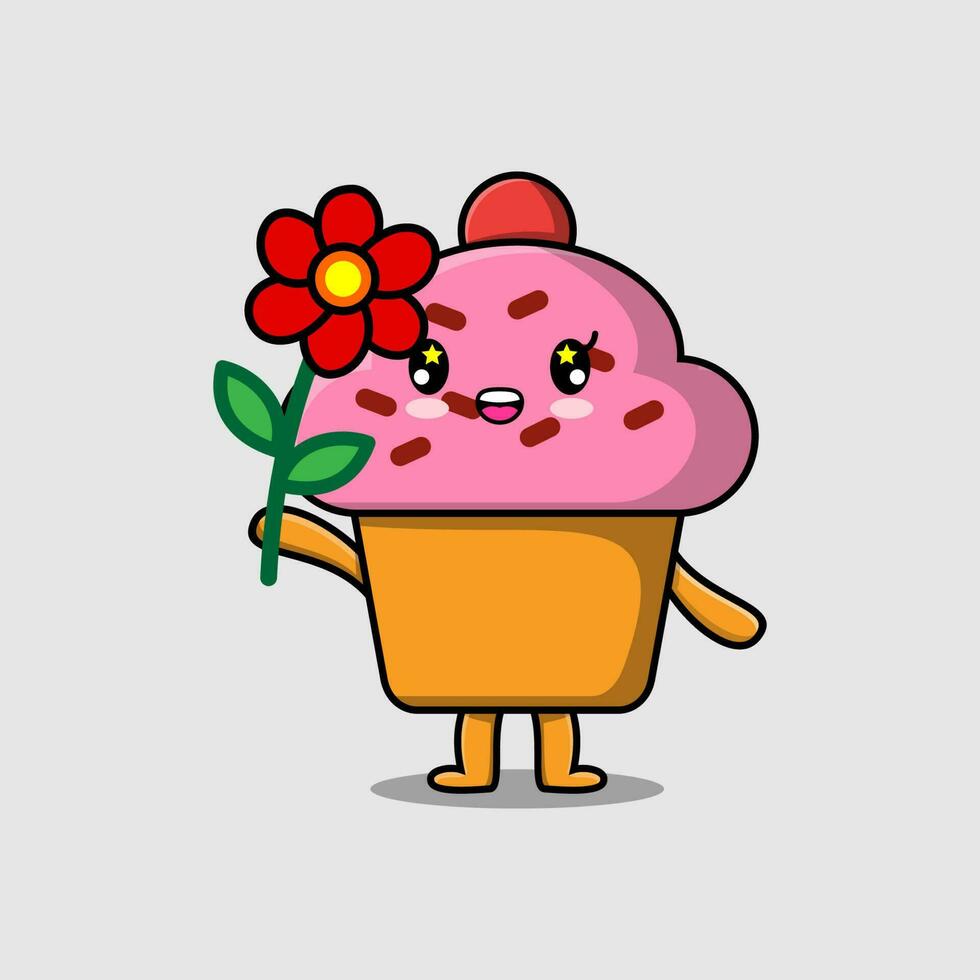 söt tecknad serie muffin karaktär innehav röd blomma vektor