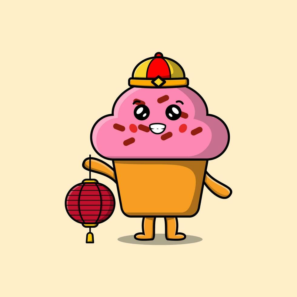 söt tecknad serie muffin kinesisk innehav lykta vektor