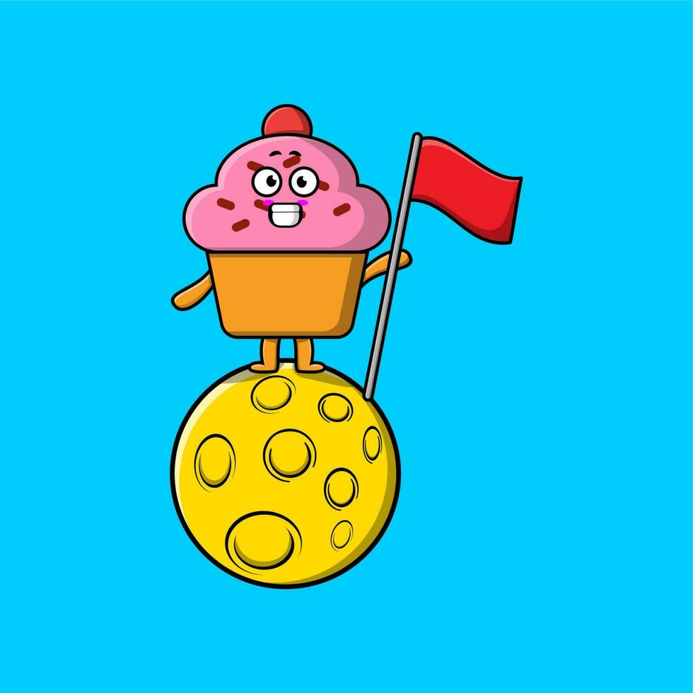 süßer cartoon-cupcake, der auf dem mond mit flagge steht vektor