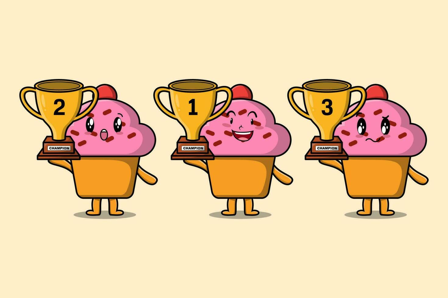 tecknad serie muffin håll trofén med Lycklig uttryck vektor