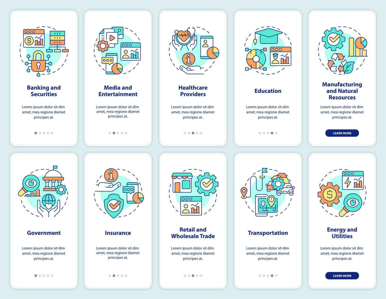 Big-Data-Anwendungen beim Onboarding mobiler App-Bildschirmsätze. Digitalisierung Walkthrough 5 Schritte grafische Anleitungsseiten mit linearen Konzepten. ui, ux, gui-Vorlage. vektor