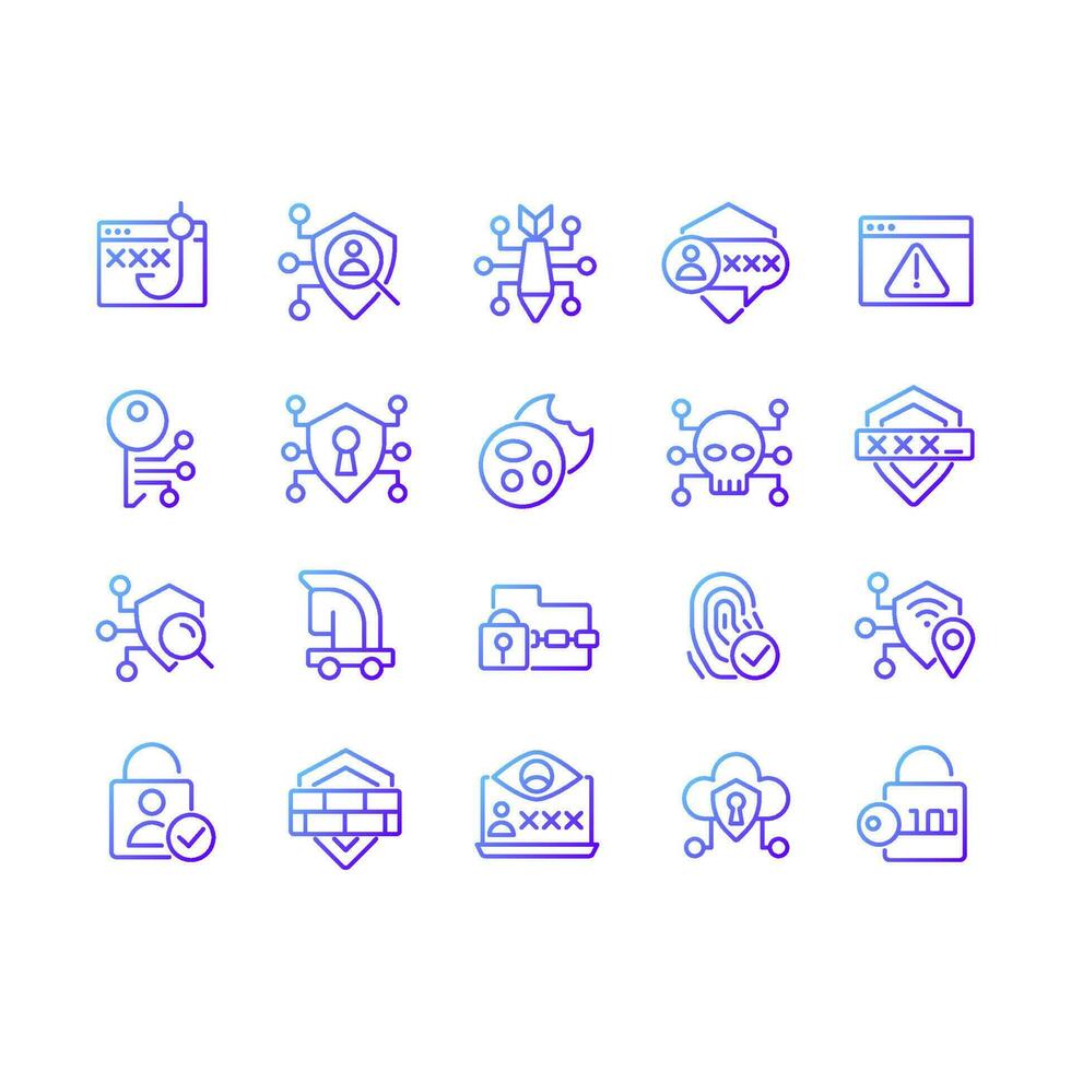 lineare vektorsymbole für online-sicherheitspixel mit perfektem gradienten eingestellt. Datenschutz. Verhinderung von Computerviren. dünne Linienkontursymbole entwerfen Bündel. Sammlung von isolierten Umrissillustrationen vektor