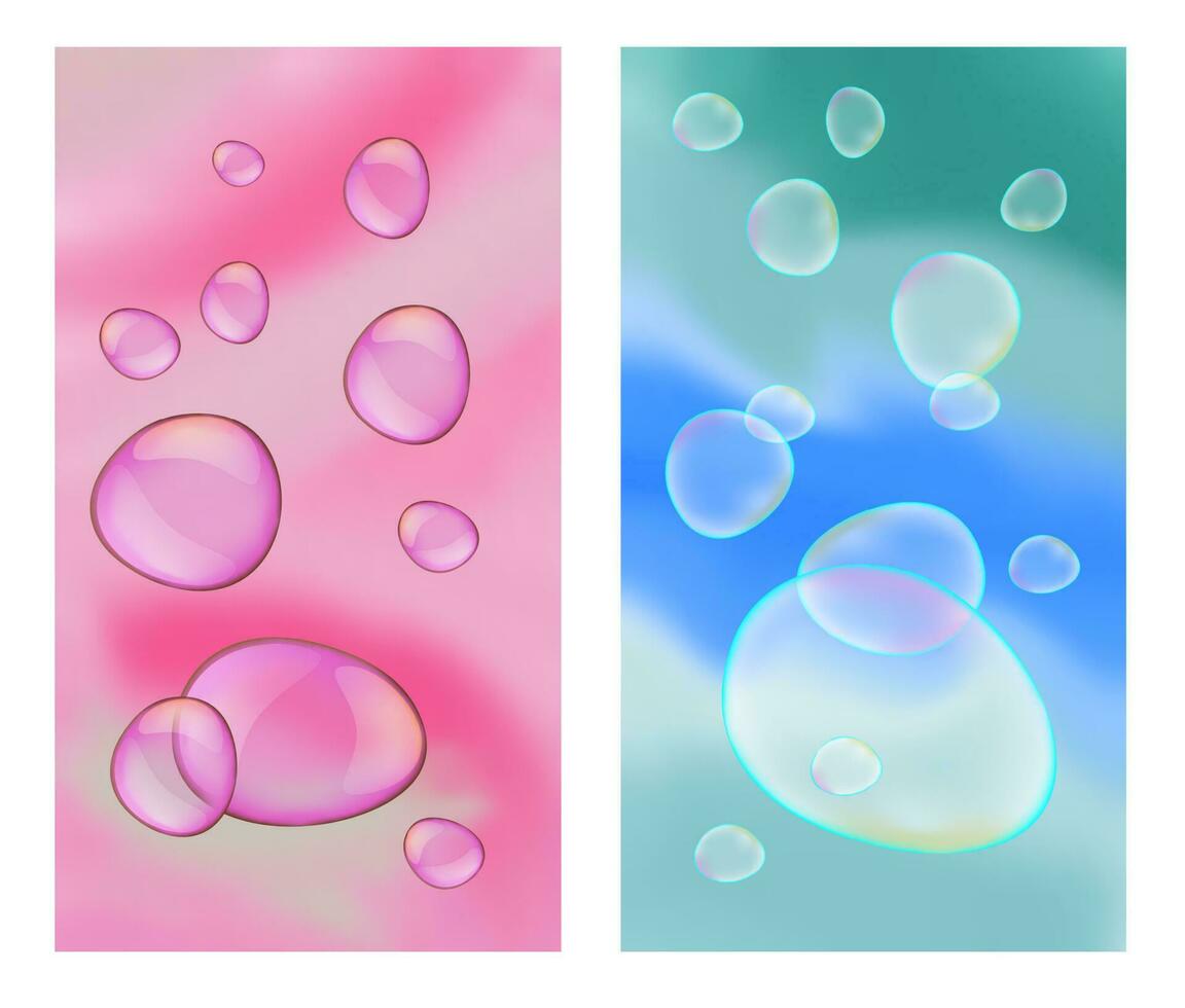uppsättning av genomskinlig bubblor på diffus abstraktion bakgrund för trendig rosa, lila, blå Färg design. vektor