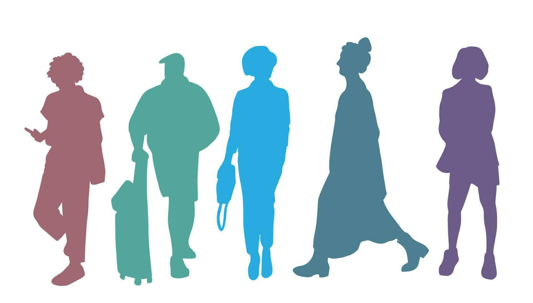 Vektor-Silhouetten Männer und Frauen stehen, verschiedene Posen, Geschäft, Menschen, Gruppe, mehrfarbig, isoliert auf weißem Hintergrund vektor