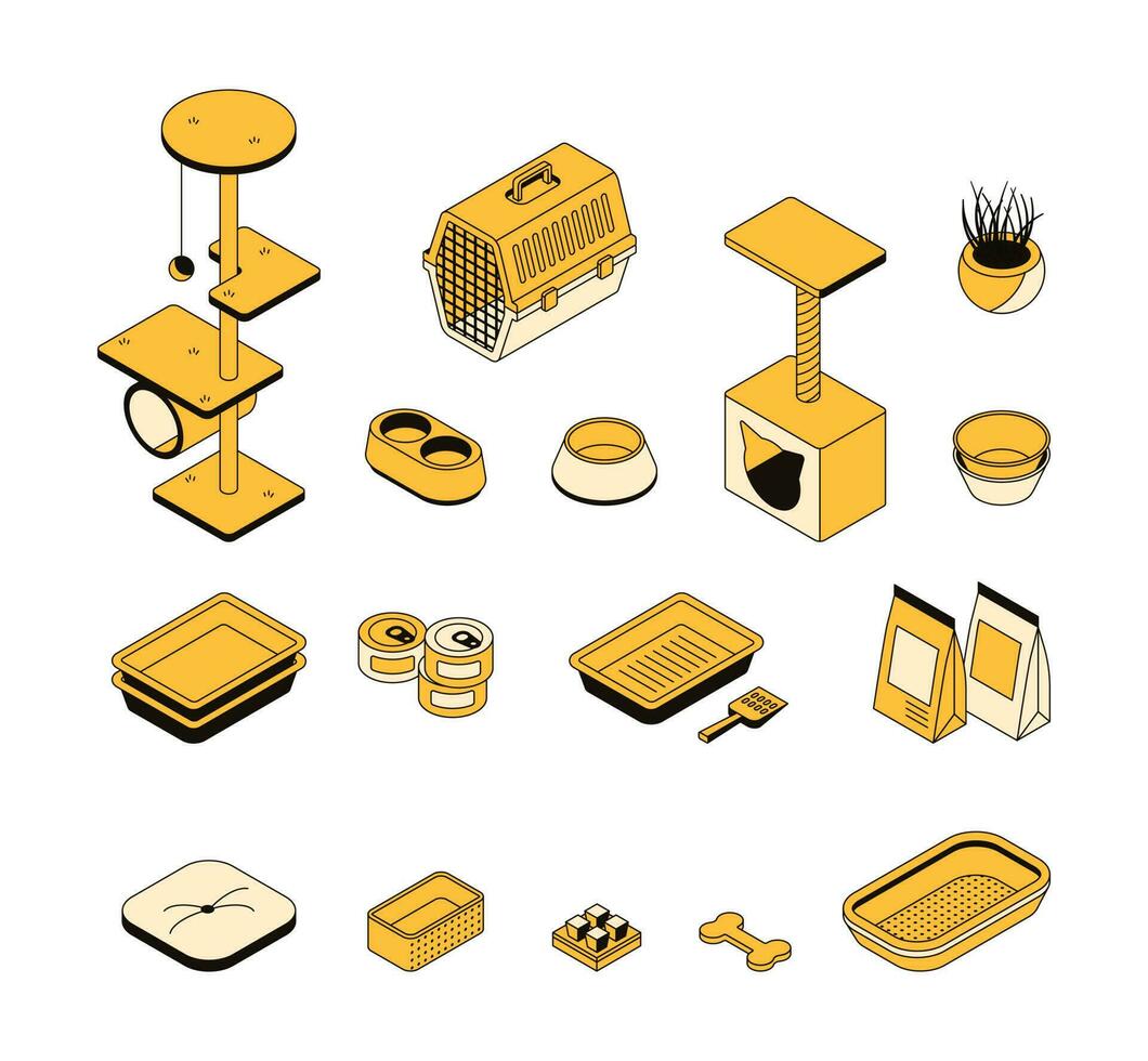 vektorsatz isometrischer tierhandlungswarenobjekte. Sammlung von 3D-Symbolen zum Thema Tierpflege. Transportbox, Kratzbaum, Katzen- und Hundefutter, Näpfe und weiteres Zubehör vektor
