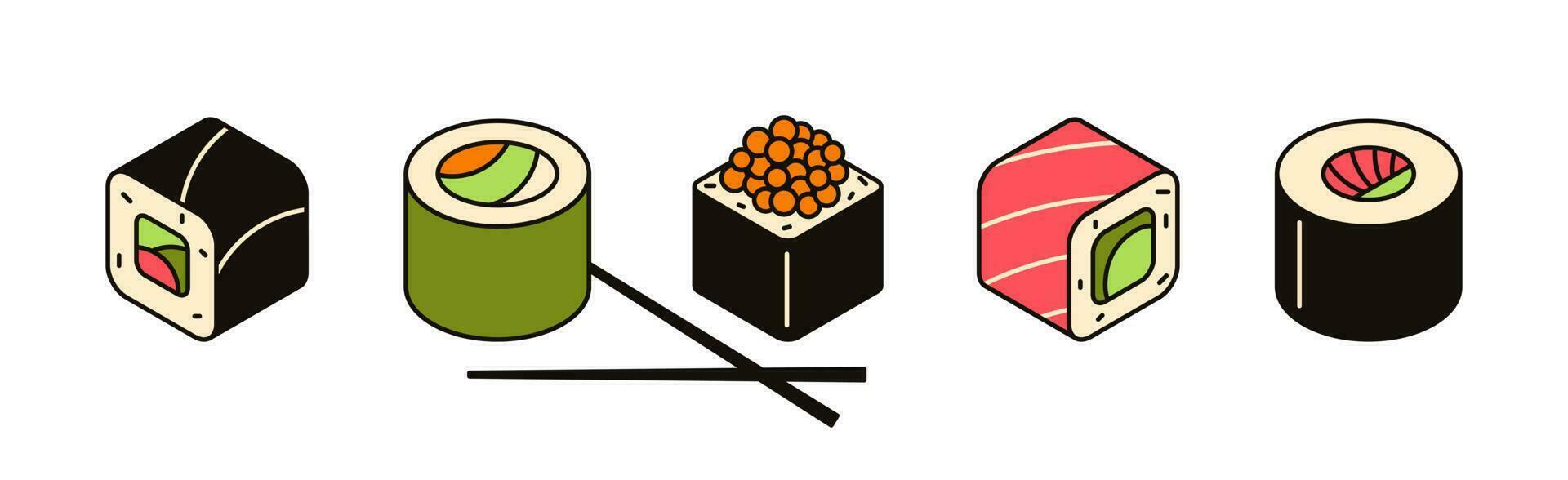 asiatische Lebensmittel-Vektor-Illustration, 3D-Sushi-Icon-Set, Meeresfrüchte. Rollen mit Reis, Fisch, Lachs, Avocado und Algen vektor