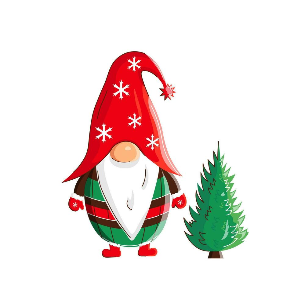 jul gnome med tall träd vektor