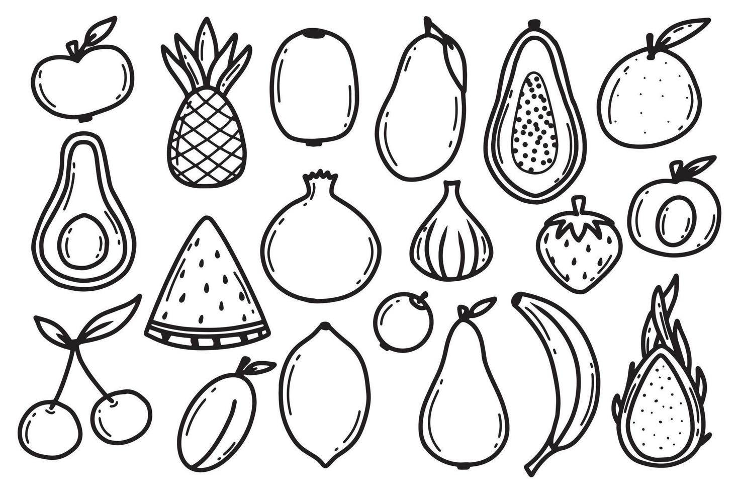 tropisk frukt uppsättning. klotter stil. samling av hand dragen frukter, äpple, päron, drake frukt, papaya. vektor illustration.