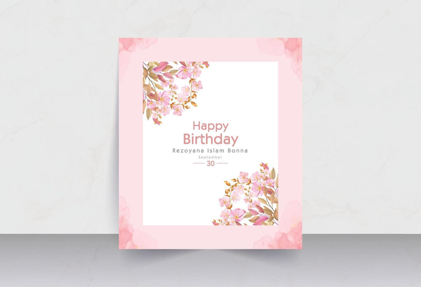 Geburtstagskarte im Fotorahmen-Stil mit rosafarbenem Hintergrund und rosa Blumen vektor