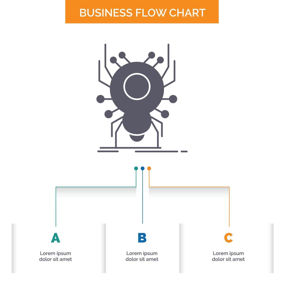 Insekt. Insekt. Spinne. Virus. App-Business-Flow-Chart-Design mit 3 Schritten. Glyphensymbol für Präsentationshintergrundvorlage Platz für Text. vektor