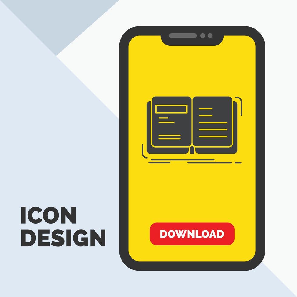 författare. bok. öppna. berättelse. berättande glyf ikon i mobil för ladda ner sida. gul bakgrund vektor