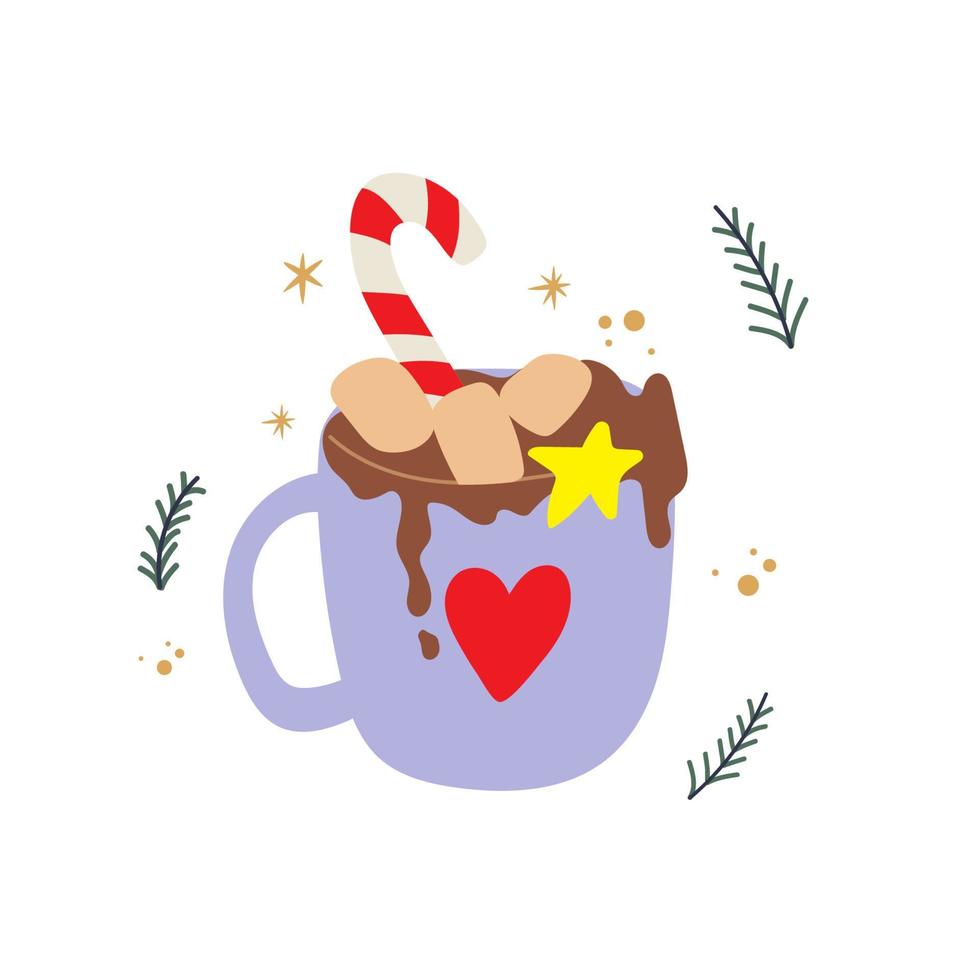 heiße schokolade mit weihnachtszuckerstange und marshmallow in lila tasse mit herz im gekritzelstil. vektor