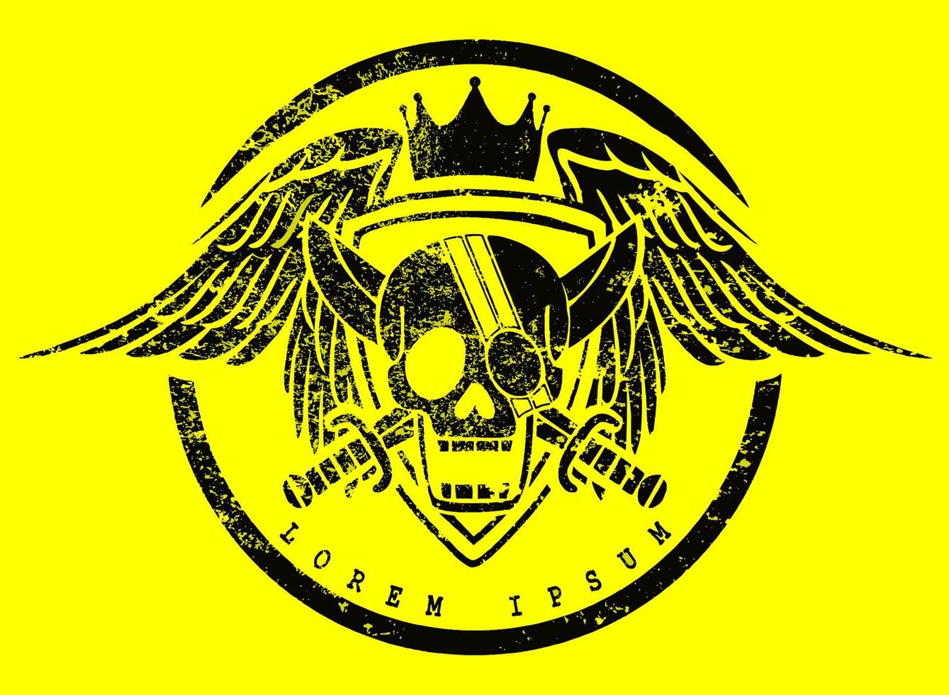 Piratenschädel-Logo mit zwei gekreuzten Schwertern und zwei Flügeln für Hemd- und Tattoo-Designzwecke vektor