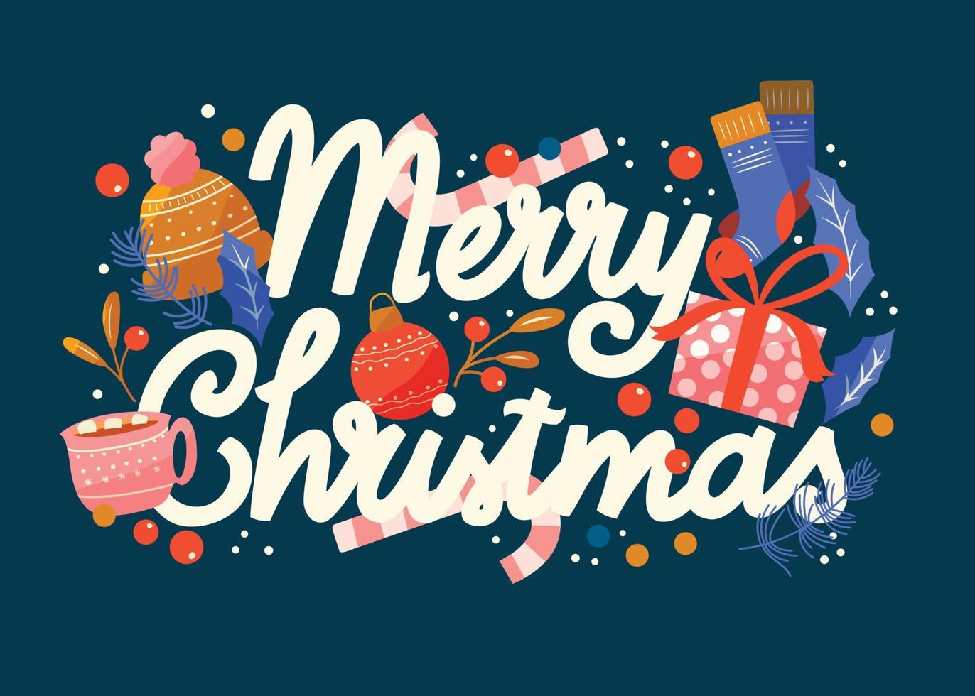 frohe weihnachten und neujahrshandbeschriftungskarte auf dunkelblauem hintergrund mit feiertagsikonen und sternen. bunte festliche vektorillustration vektor