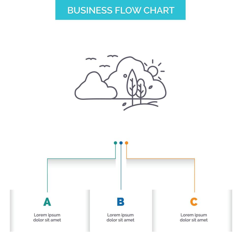 Berg. Landschaft. hügel. Natur. Baum-Business-Flow-Chart-Design mit 3 Schritten. Liniensymbol für Präsentation Hintergrundvorlage Platz für Text vektor