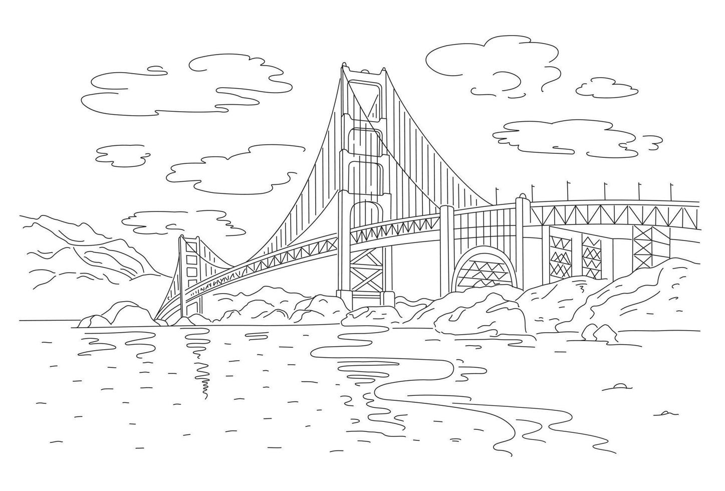 bro gyllene Port tvärs över de sund. ett av de mest igenkännlig broar i de värld. stad av san francisco. vektor linjär platt illustration. hand skiss