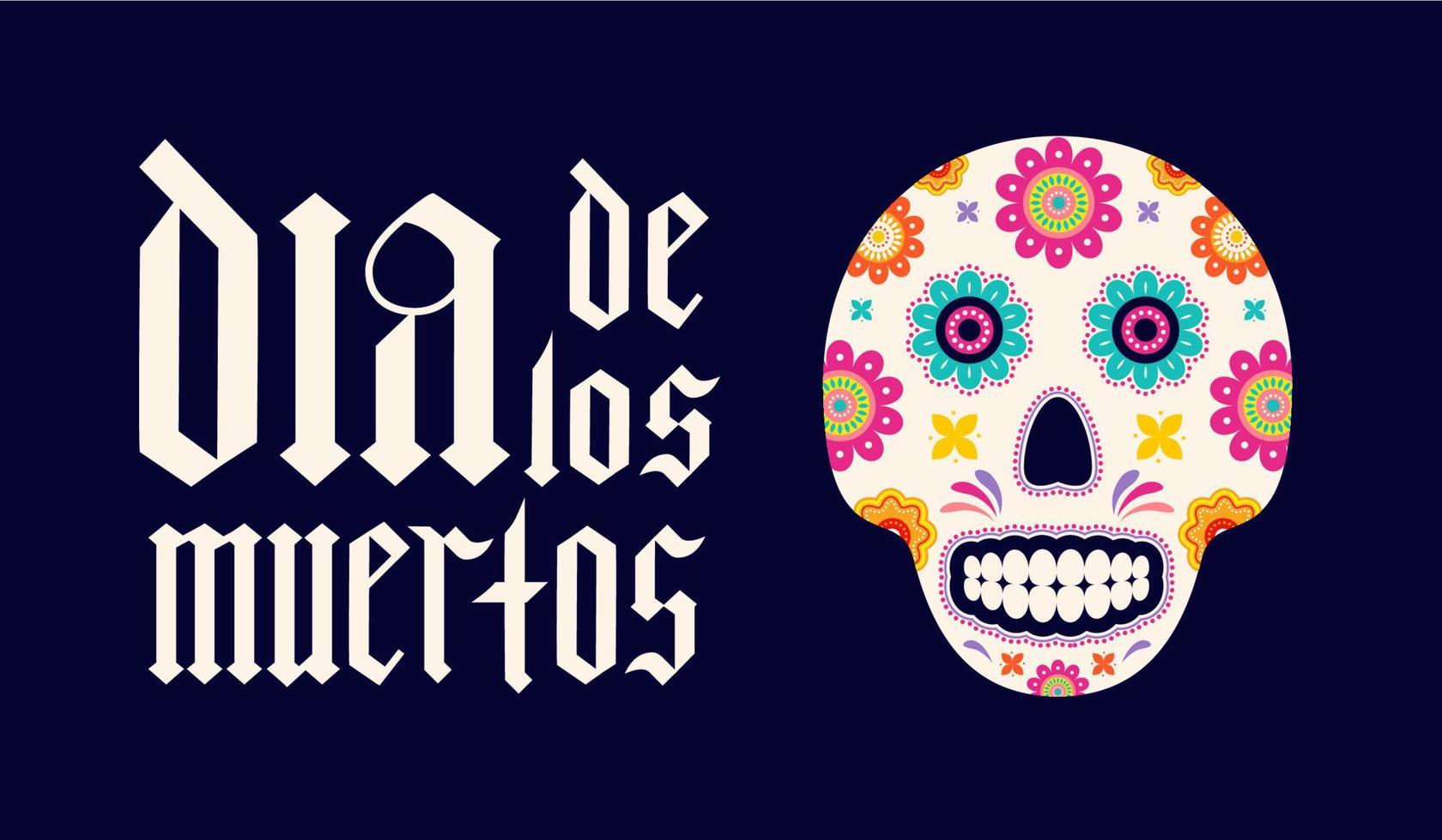 dia de los muertos fraktur schrift gotischer schriftzug mit zuckerschädel und blumen. mexikanischer feiertagstag des toten typografieplakats. Vektorvorlage für Grußkarten, Banner, Poster, Einladungen usw. vektor