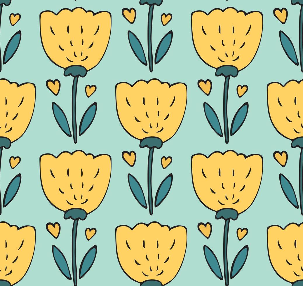 söt sömlös mönster vektor bakgrund med hand dragen gul tulpan blomma klotter med hjärtan i enkel stil på blå. ljuv blommig bakgrund, naiv barn textil, omslag papper.