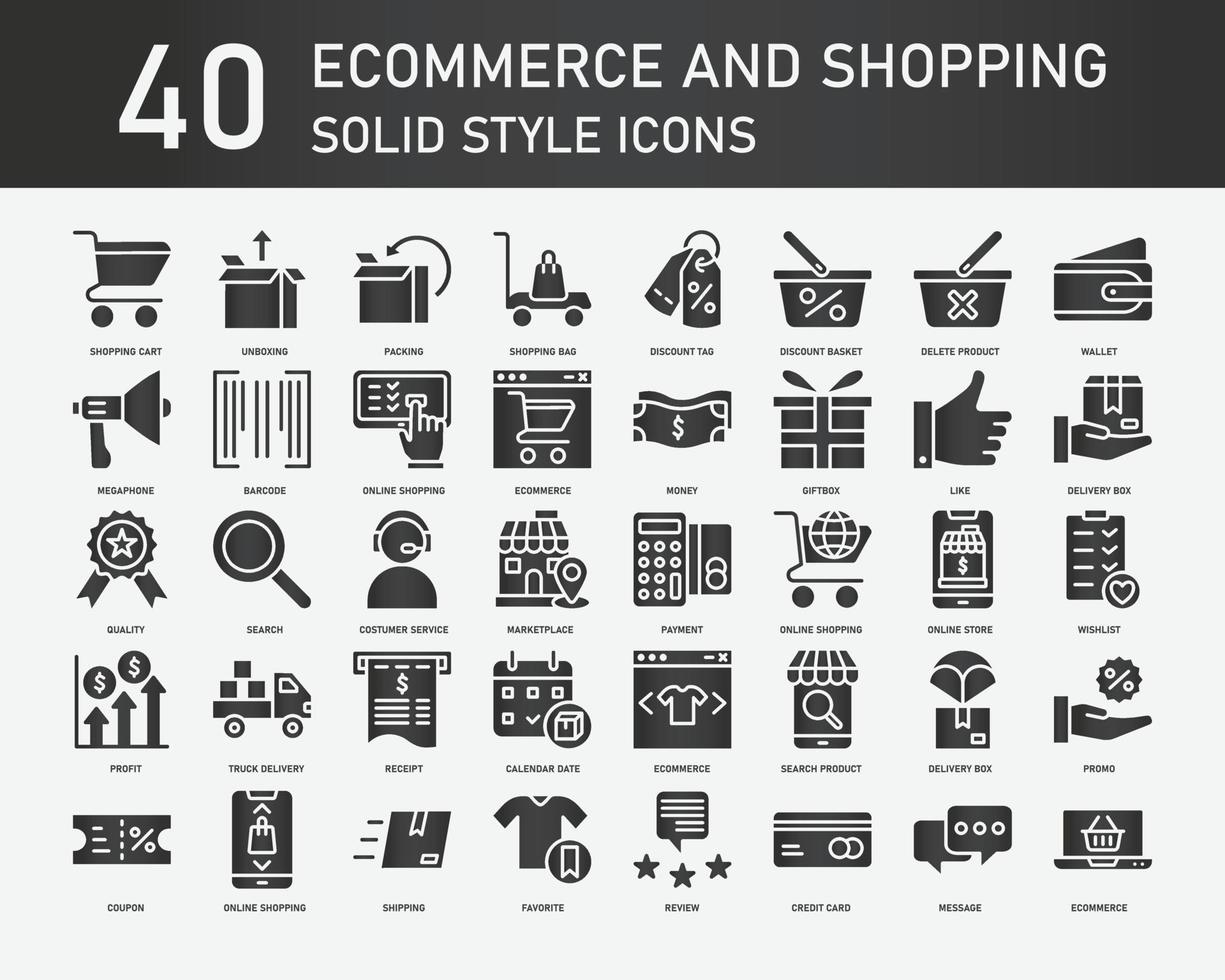 E-Commerce und Shopping solide Icon-Sammlung, enthält solche Icons wie Handel, Versand, Lieferung und Online-Shopping. einfache Web-Icons gesetzt. vektor