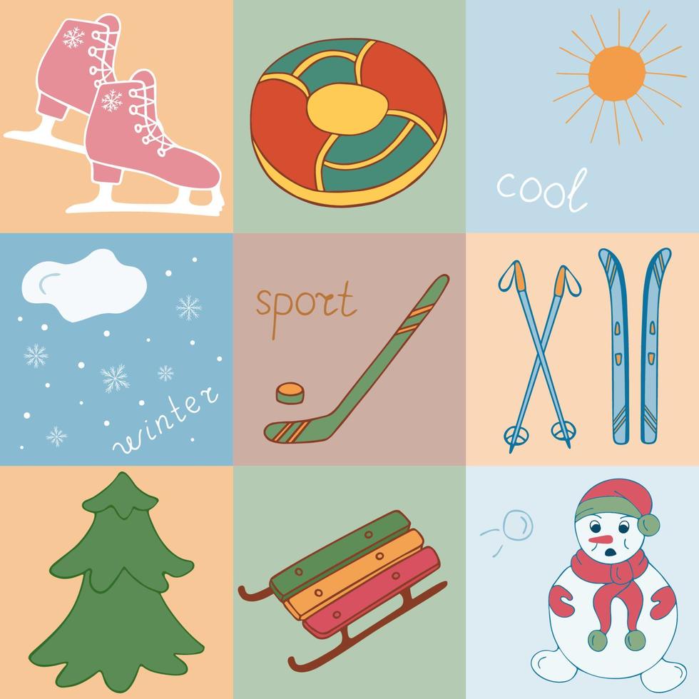 Vektorset von Winterillustrationen im Doodle-Stil - Schlitten, Skier, Schneemann, Weihnachtsbaum, Schläuche, Schneeflocken, Wolke, Sonne, Hockeyschläger und Puck, Schlittschuhe. vektor