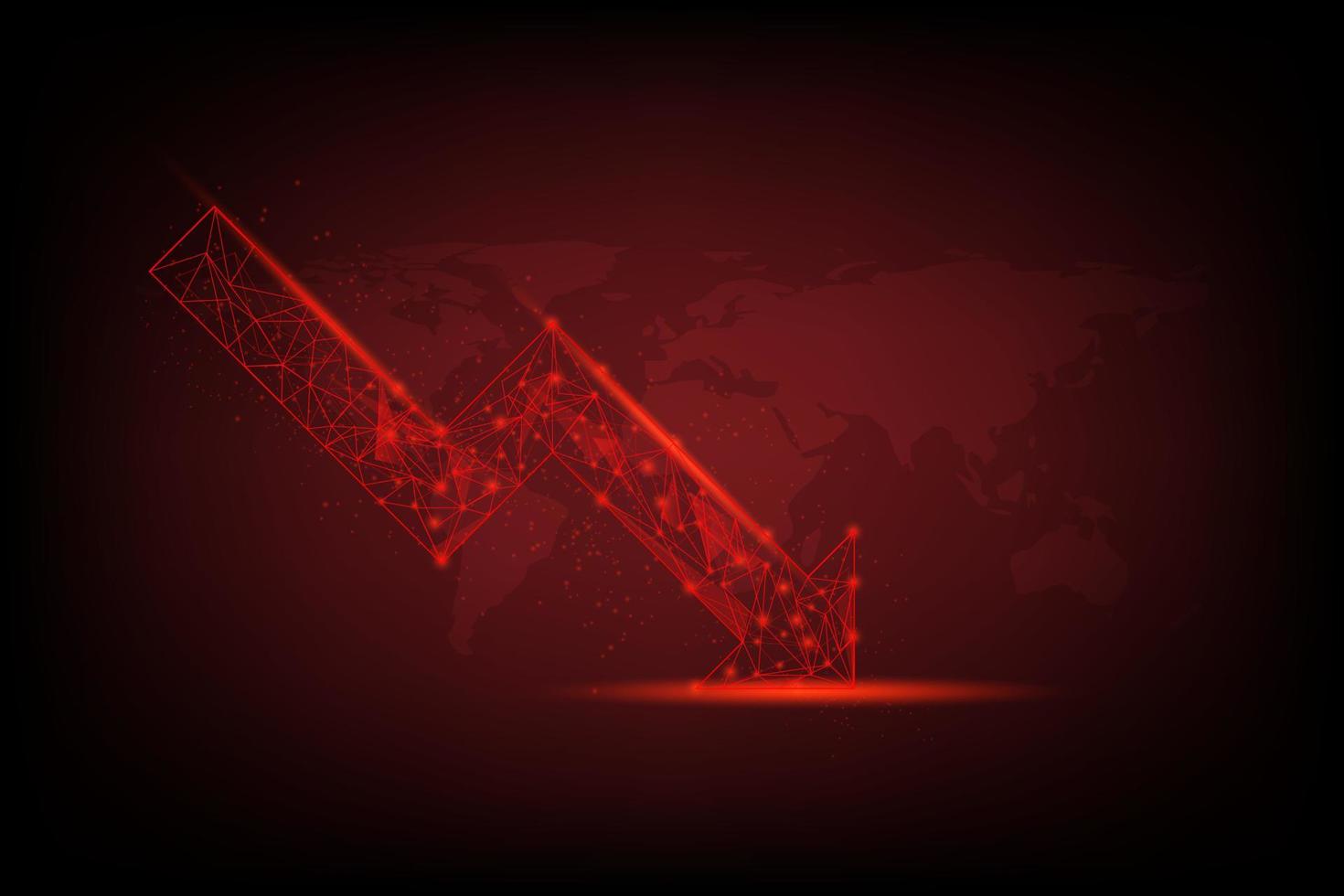 wirtschaftskritisches Krisenkonzept. Ein niedriges Polygon mit einem Drahtgitter des unteren Pfeils und glänzend auf rotem Weltkartenhintergrund. Rezession Finanzen, Kryptowährung, Gold und der Aktienmarkt. vektor