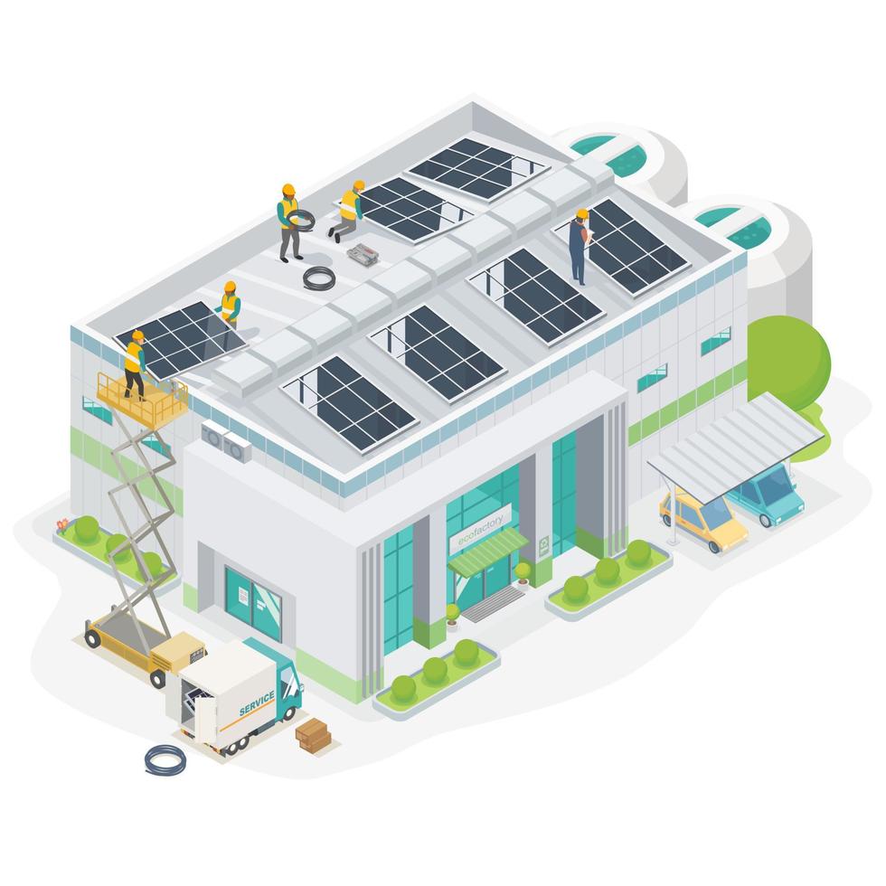 solarzellensystem zur energieeinsparung öko-lagerhaus und fabrik industrielle isometrische draufsicht grünes geschäft sauberer energie-installateur-team-service vektor