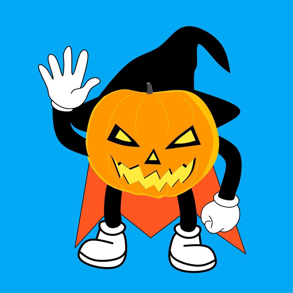 illustration av söt karaktär pumpa med hatt och cape perfekt för halloween vektor