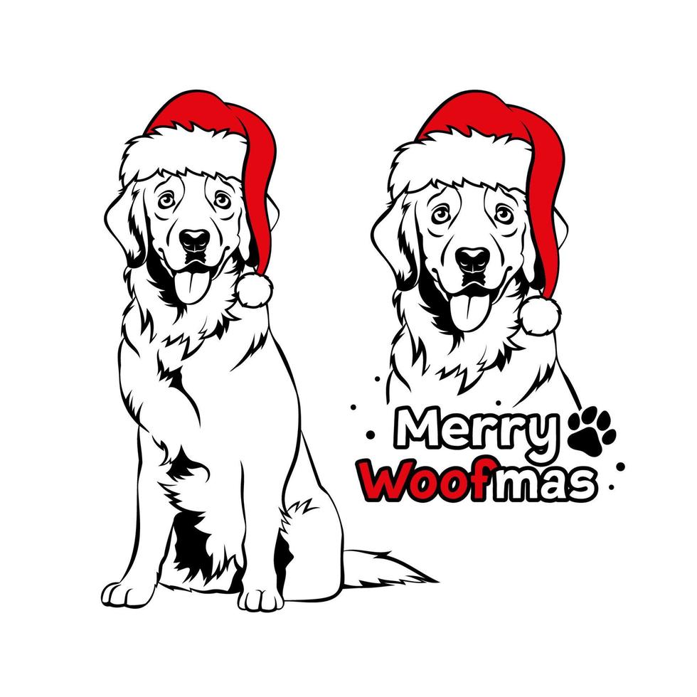 gyllene hämta med santa hatt. jul labrador hund porträtt. glad woofmas text. vektor illustration